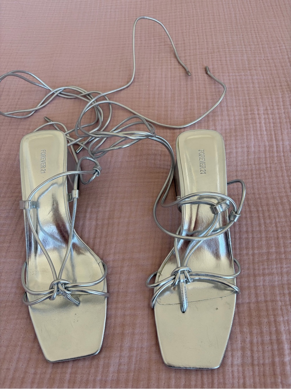 Forever 21 Metallic Silver Lace-Up Square Toe Sandals